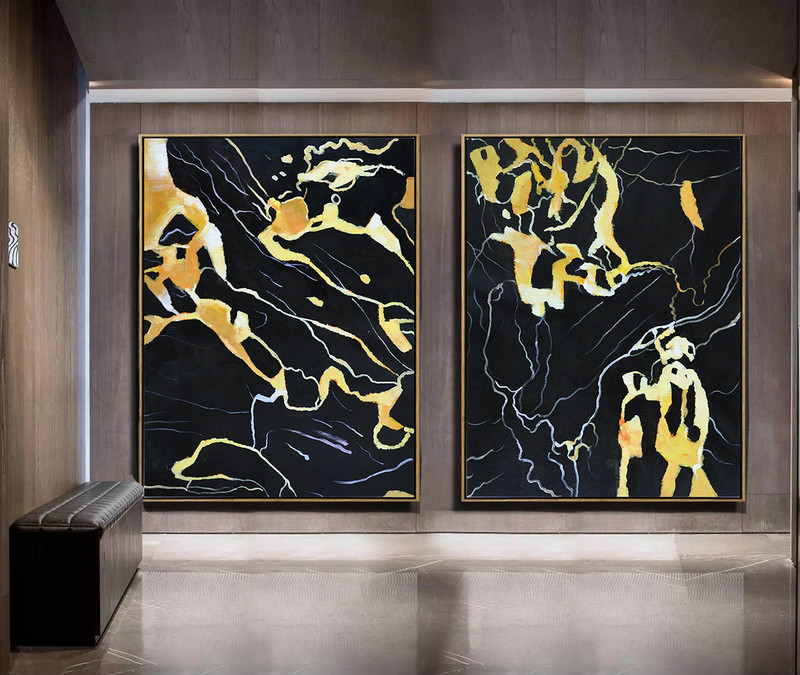 Extra Large Textured Painting On Canvas,Set Of 2 Abstract Marble Painting On Canvas,Acrylic Painting On Canvas,Black,White,Yellow.etc